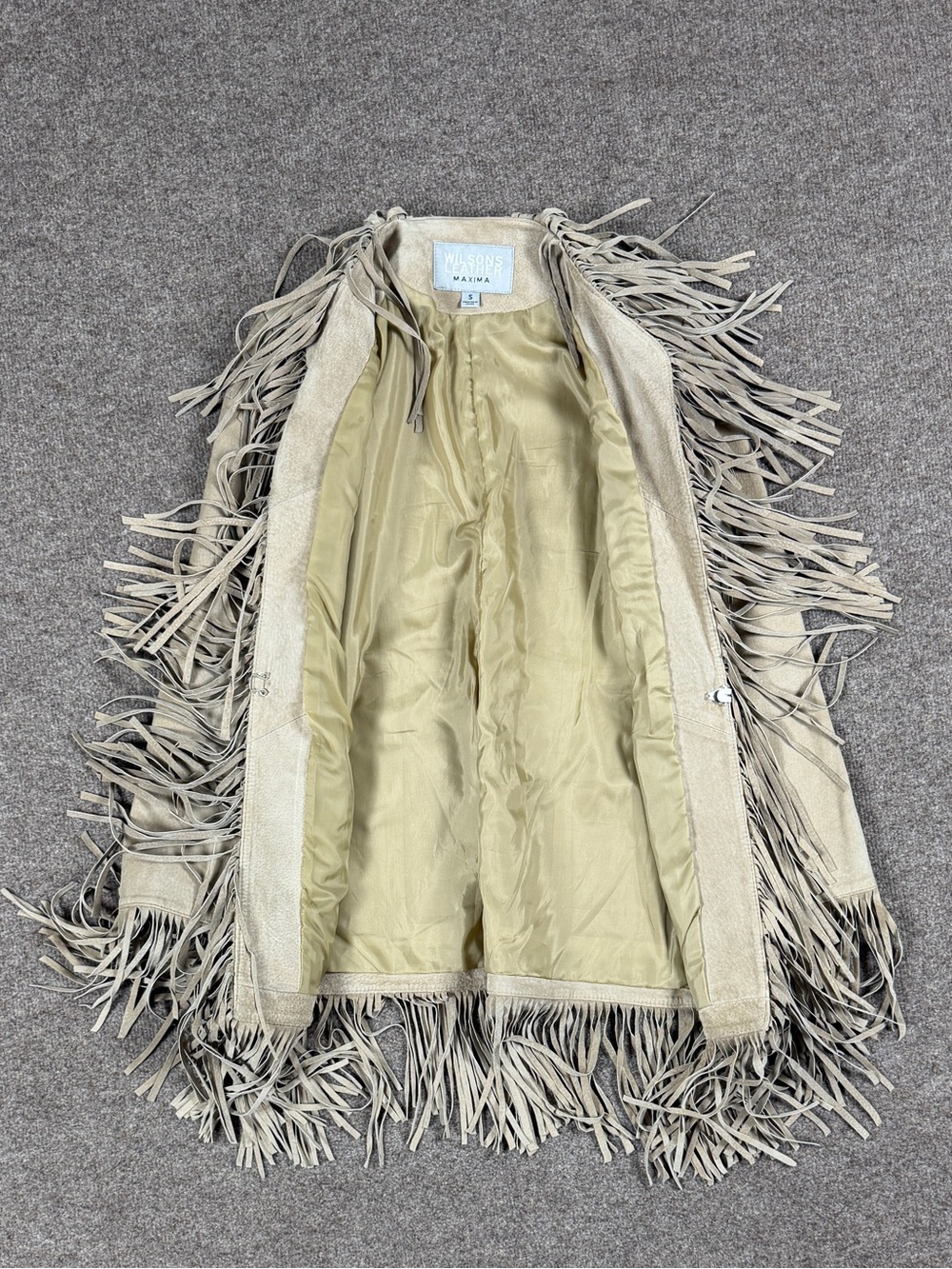 Vintage Wilsons Tan Suede Leather Mid Length Fringe Trim Jacket Women’s Small - Picture 5 of 12